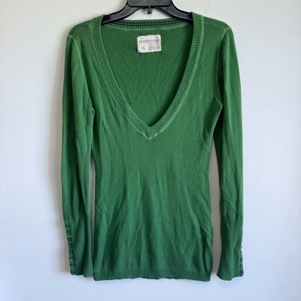 Vintage Aeropostale Y2K Green Deep VNeck Sweater Indie Sleaze Button Cuff Large